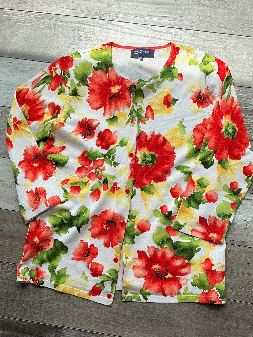 Jones New York White Cardigan with Red Floral Print